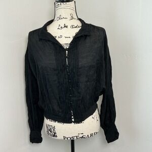 lalavon‎ Black Crinkle Gauze Button Up Shirt Blouse Long Sleeve Sheer M